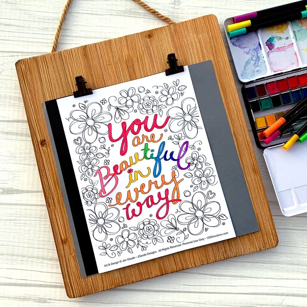 Coloring page with florals and the text - you are beautiful - by Jen Goode